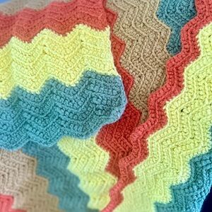 Colorful Fall Chevron Crocheted/Knit Vintage Throw Blanket